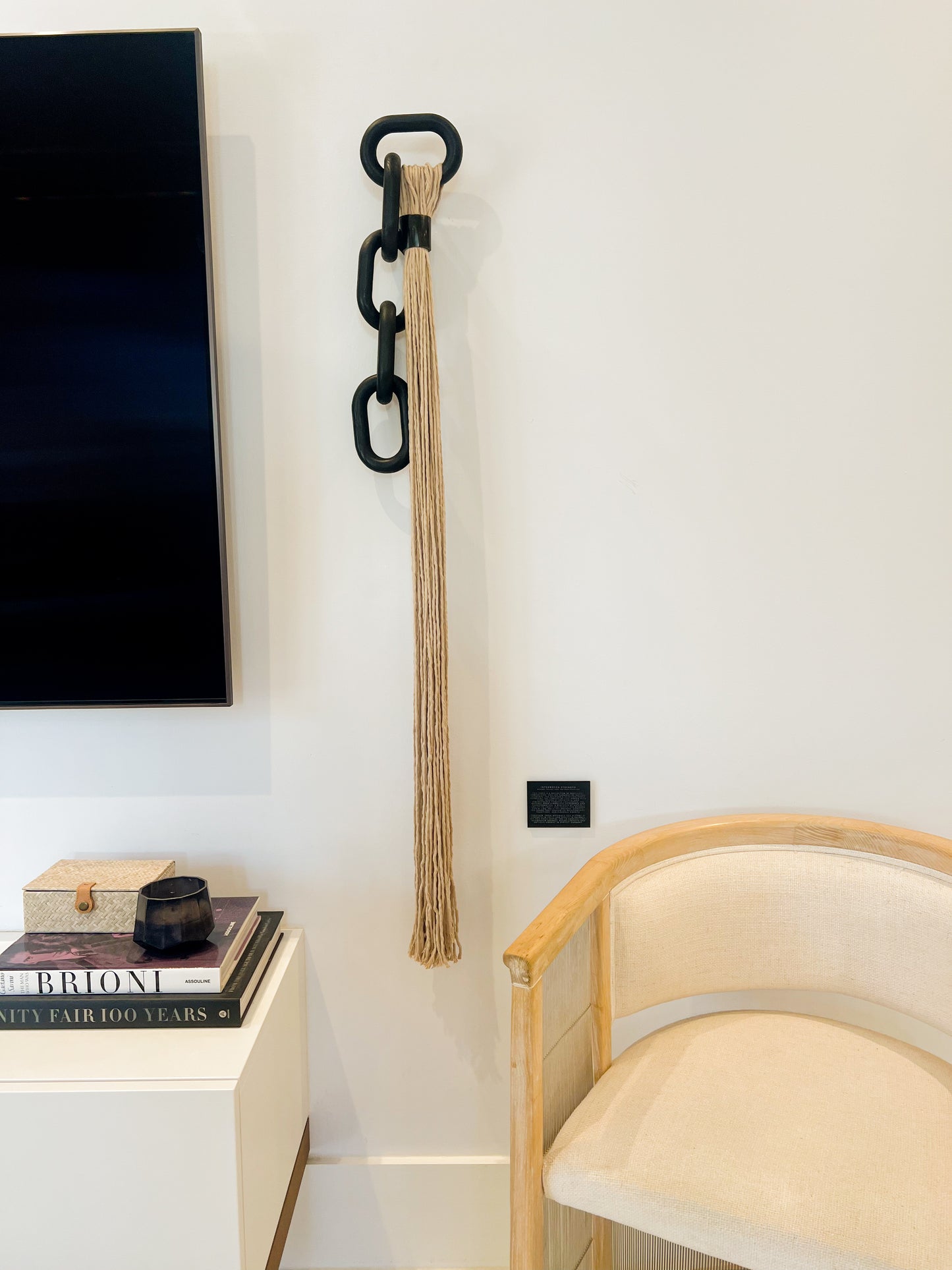 Interwoven Strength
Macramé, Natural Horn, and Wood Chain Link