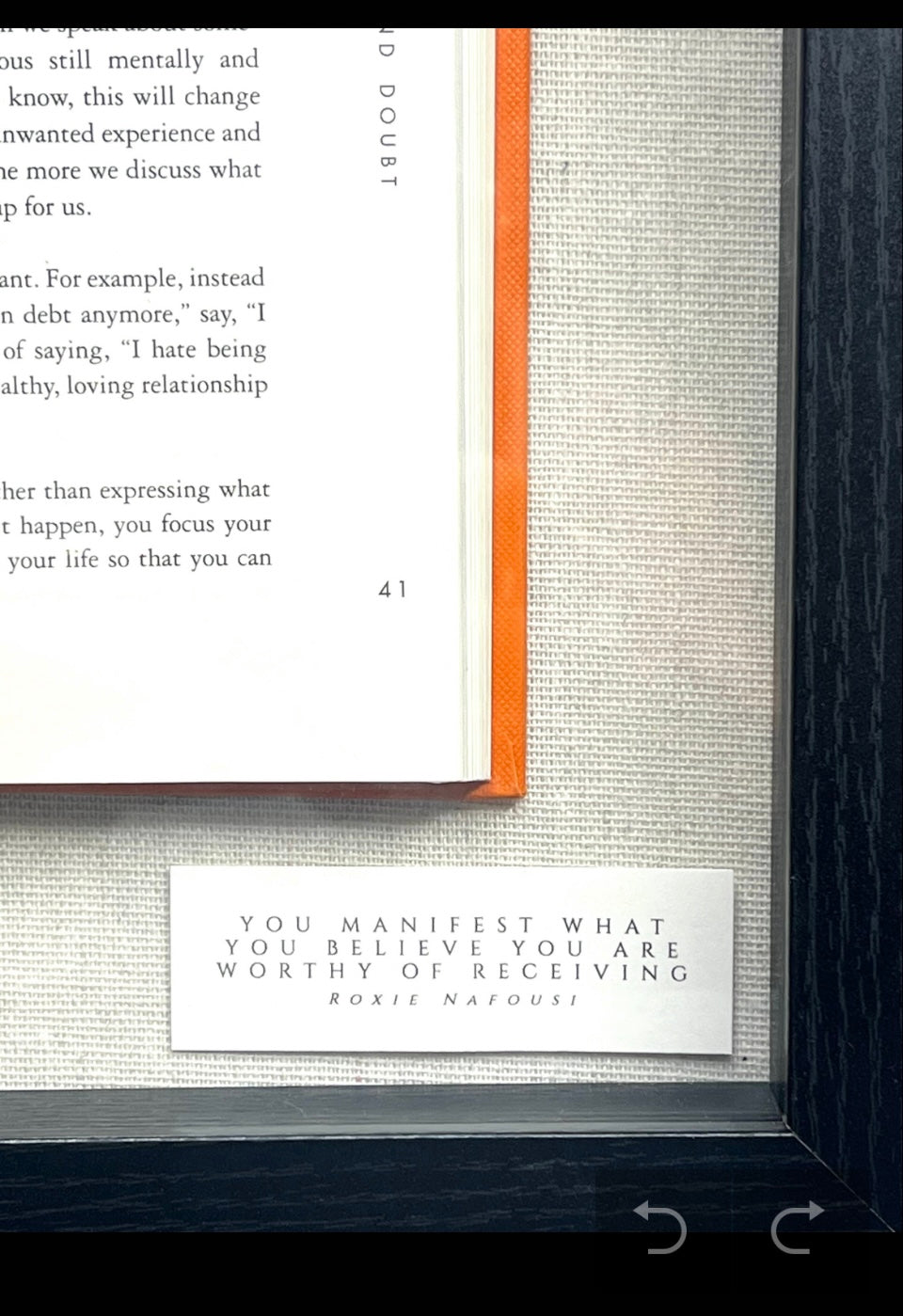 Framed and mounted Roxie Nafousi Book with Quote on custom placard