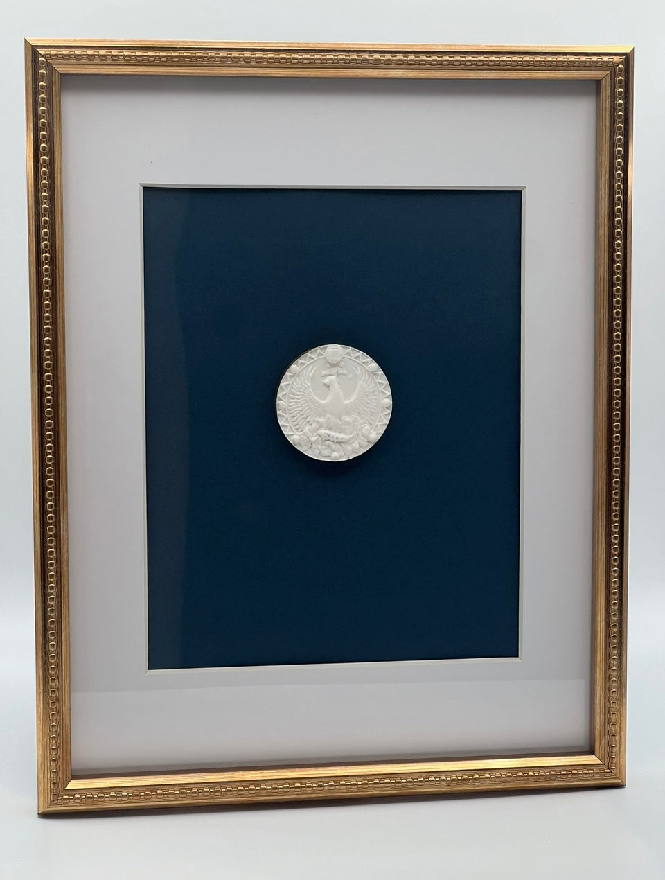 Framed intaglio - Scorpio zodiac sign on blue linen paper with brass frame
