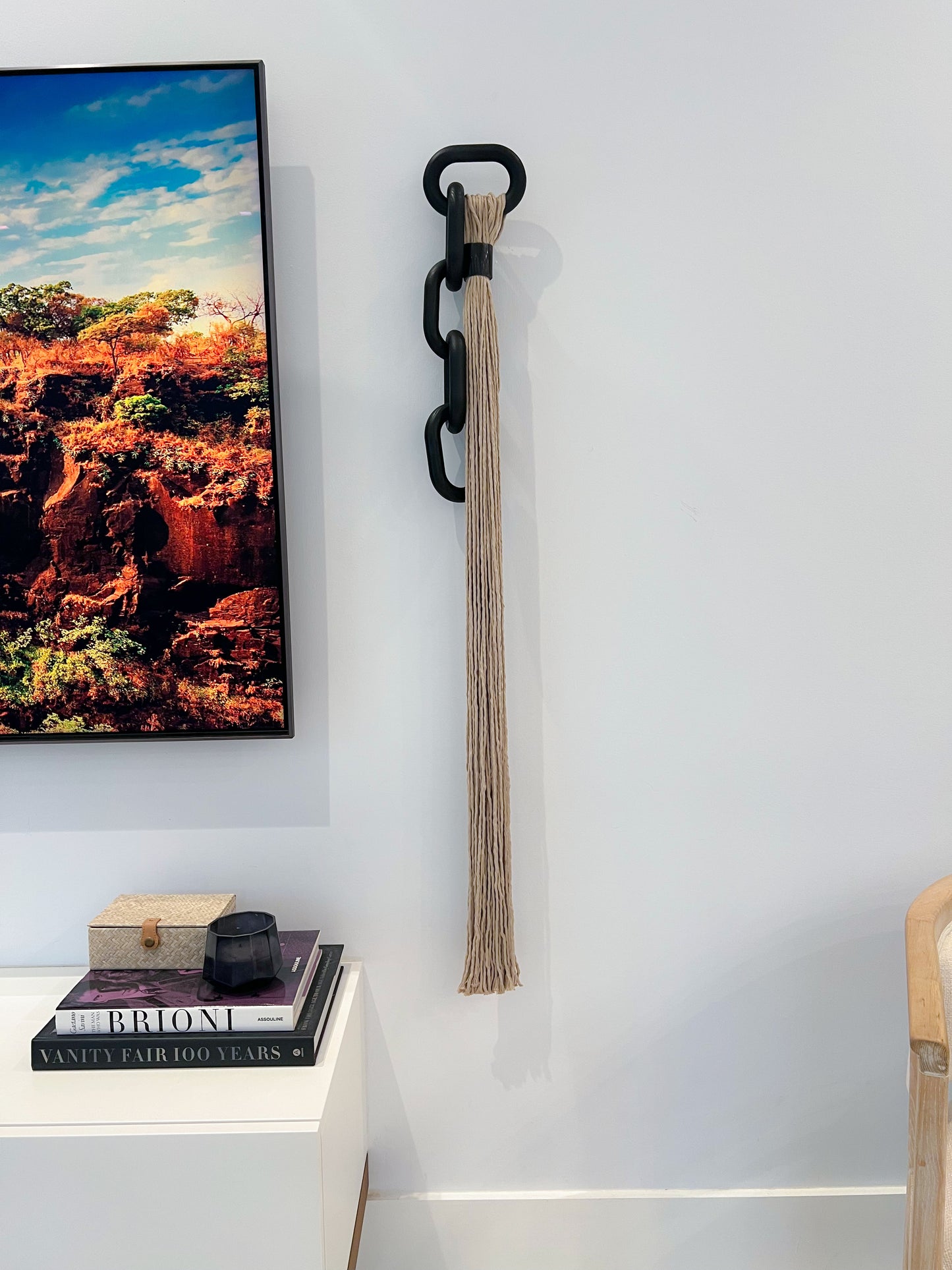 Interwoven Strength
Macramé, Natural Horn, and Wood Chain Link
