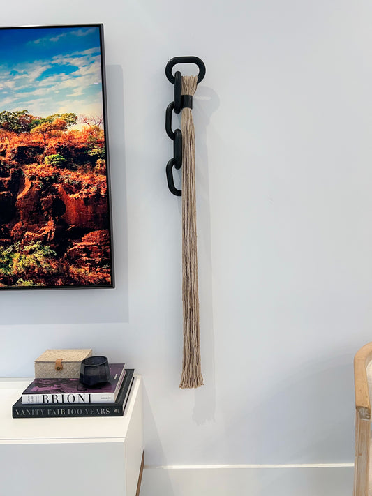 Interwoven Strength
Macramé, Natural Horn, and Wood Chain Link